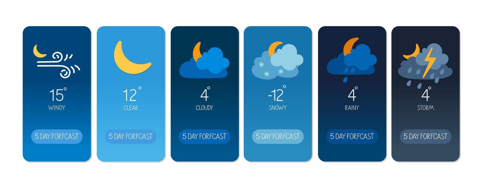 Five day weather forecast with varying conditions and temperatures displayed in icons vector