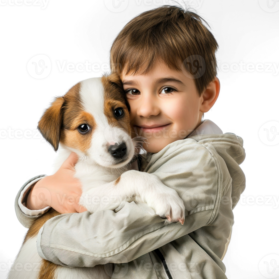 Smiling Little boy holding a Dog isolate on transparent background png