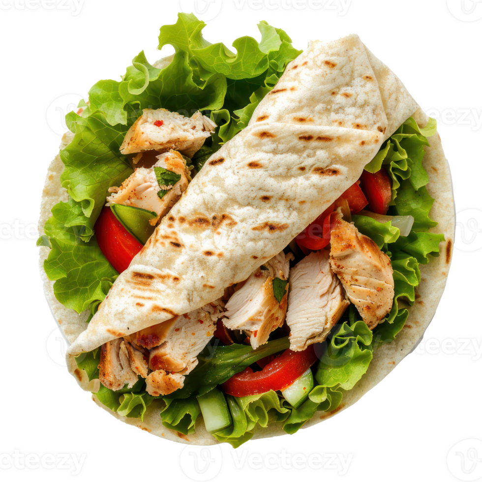 chicken pita with lettuce, tomatoes and chicken on a transparent background png