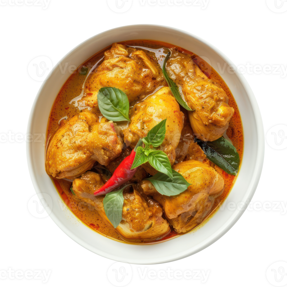 chicken curry in a bowl with basil leaves and spices on a transparent background png