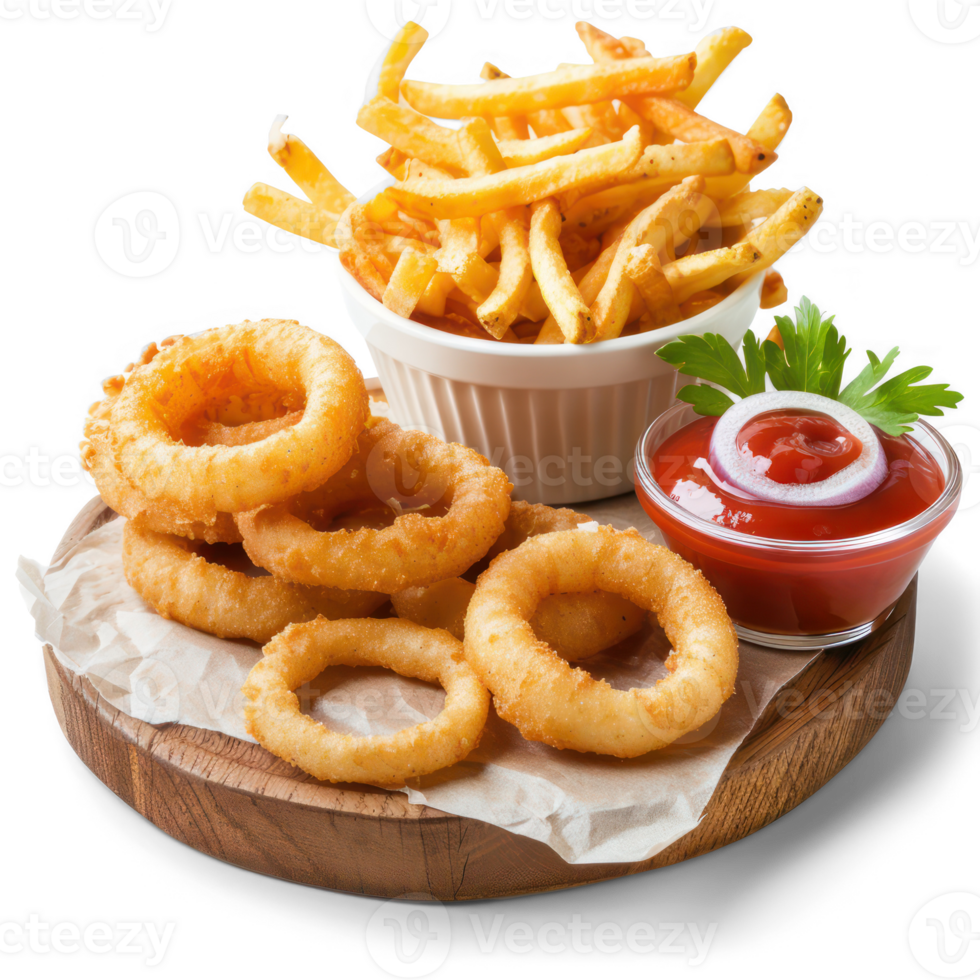 fries onion rings and ketchup on a wooden board png