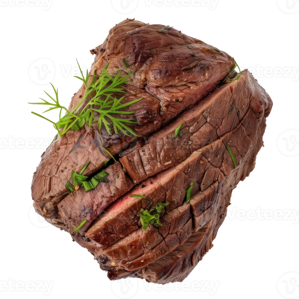a steak with herbs on top of a transparent background png