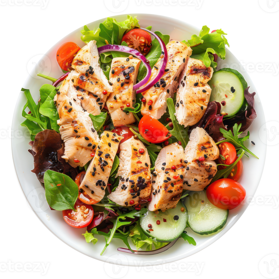 grilled chicken salad with tomatoes, cucumbers and lettuce on a white plate png