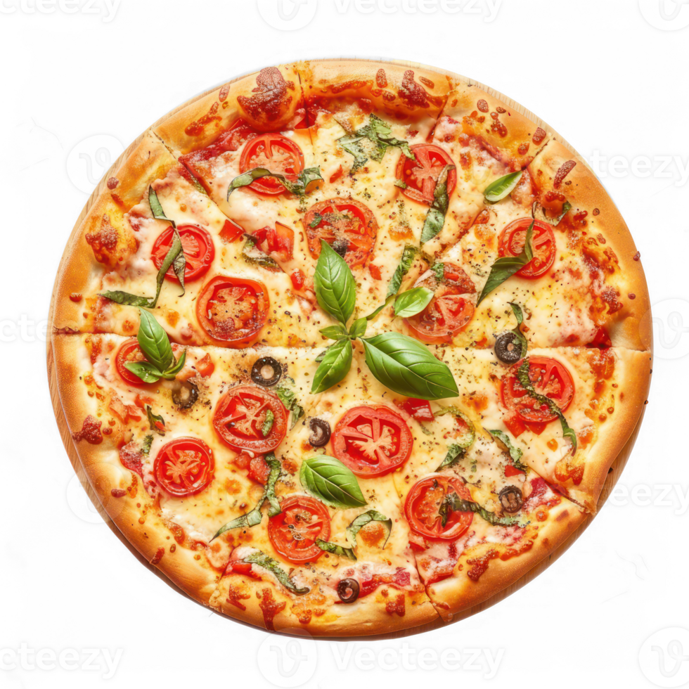 pizza with tomatoes and basil on a transparent background png