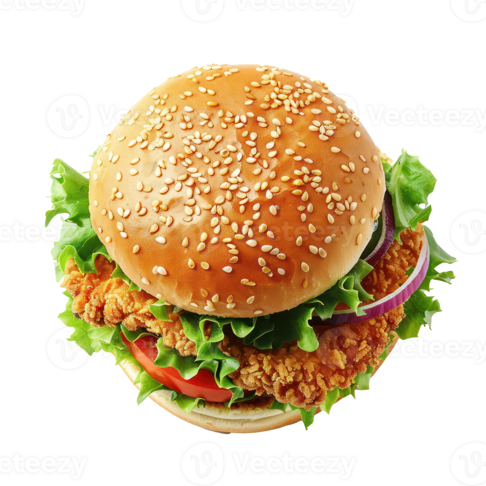 a chicken burger with lettuce and tomatoes on a bun png