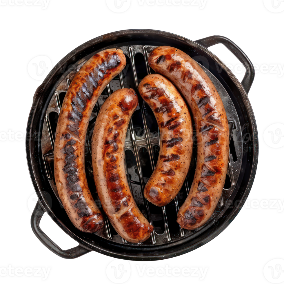 sausages on a grill in a pan on a transparent background png