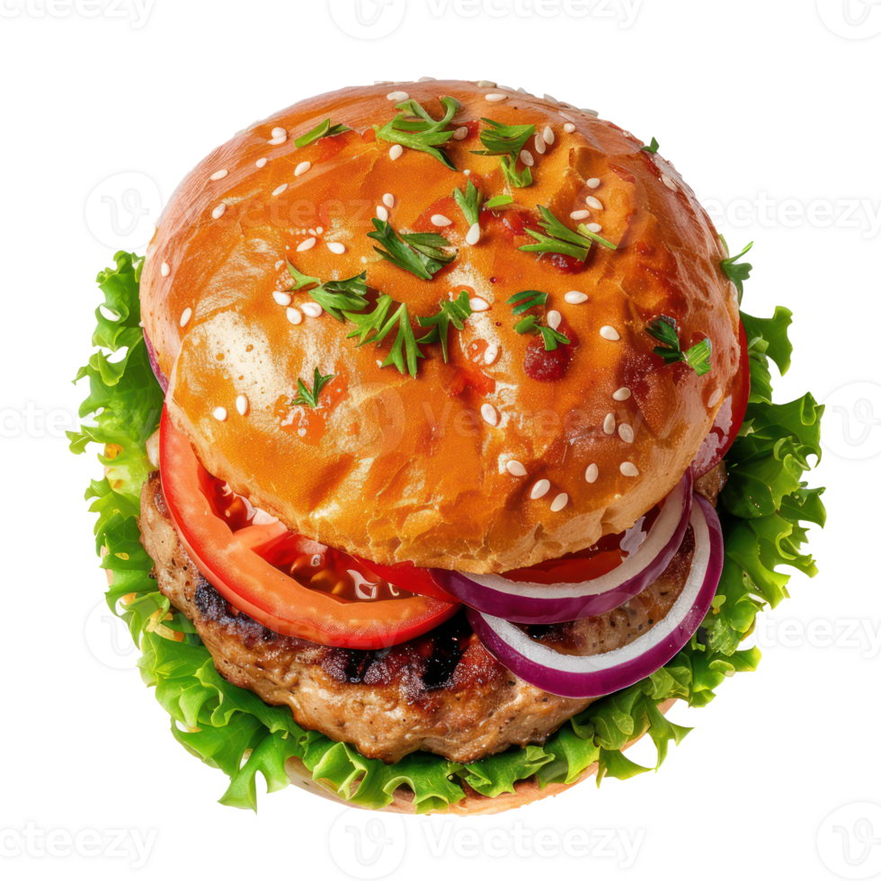 a hamburger with lettuce, tomatoes and onions png
