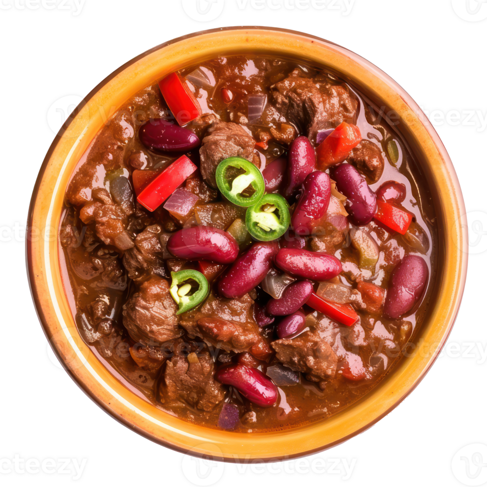 chili con carne in a bowl with beans and peppers on a transparent background png