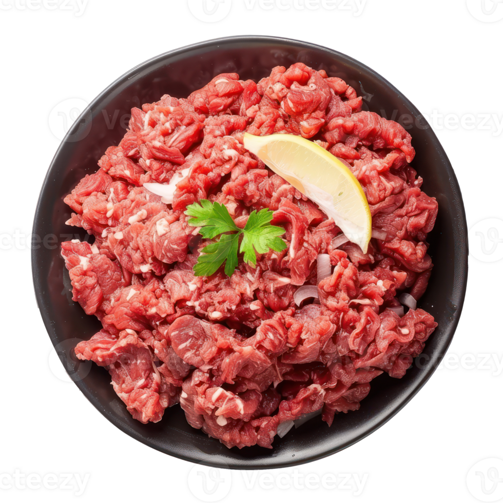 raw beef in a bowl with parsley on a transparent background png