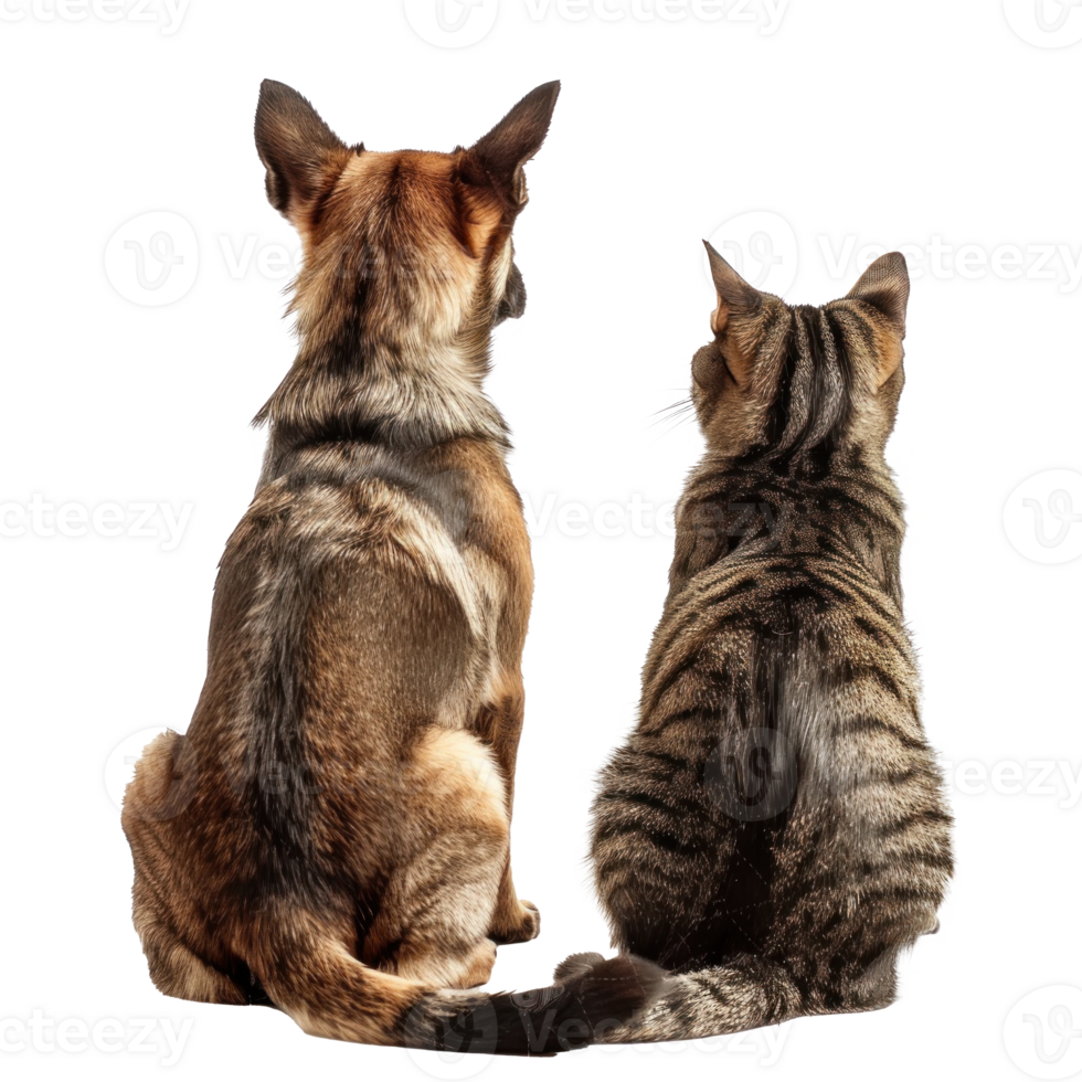 Back view of Dog and cat looking up the same direction, full body isolate on transparent background png