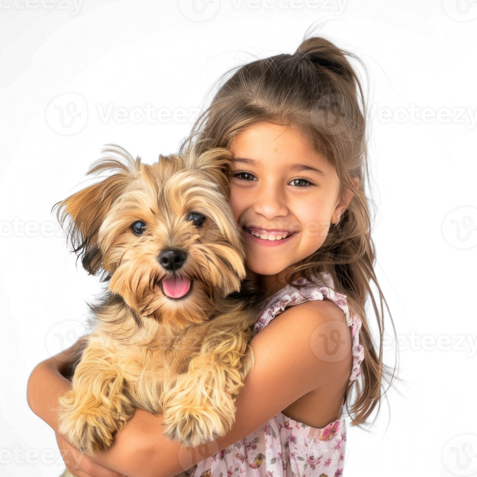 Smiling Little girl holding a Dog full body isolate on white background, png