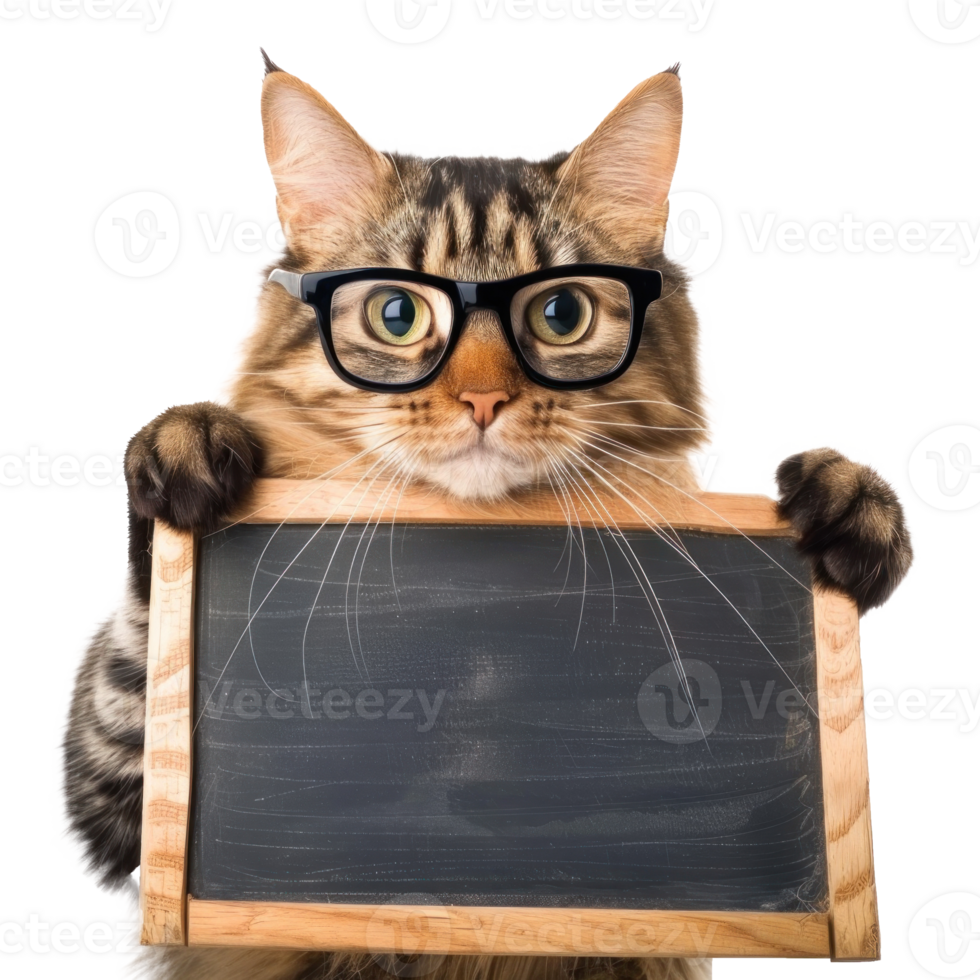 Cat wearing glasses holding chalkboard standing full body isolate on transparent background png