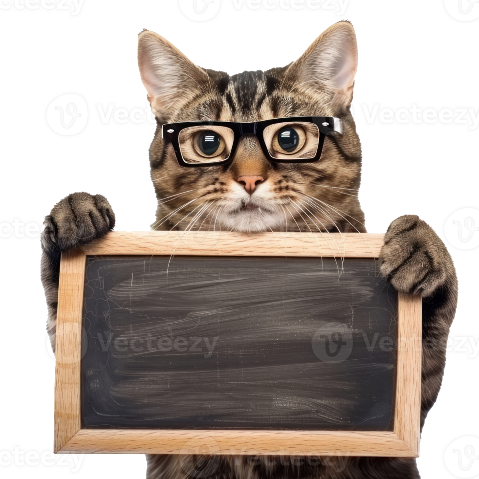 cat wearing glasses holding chalkboard isolate isolate on transparent background, png