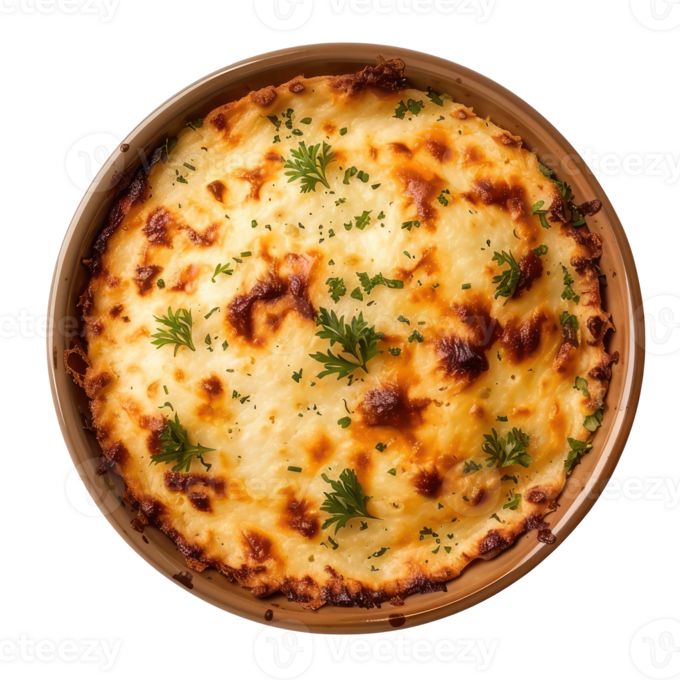 cheese pie in a brown dish on a transparent background png