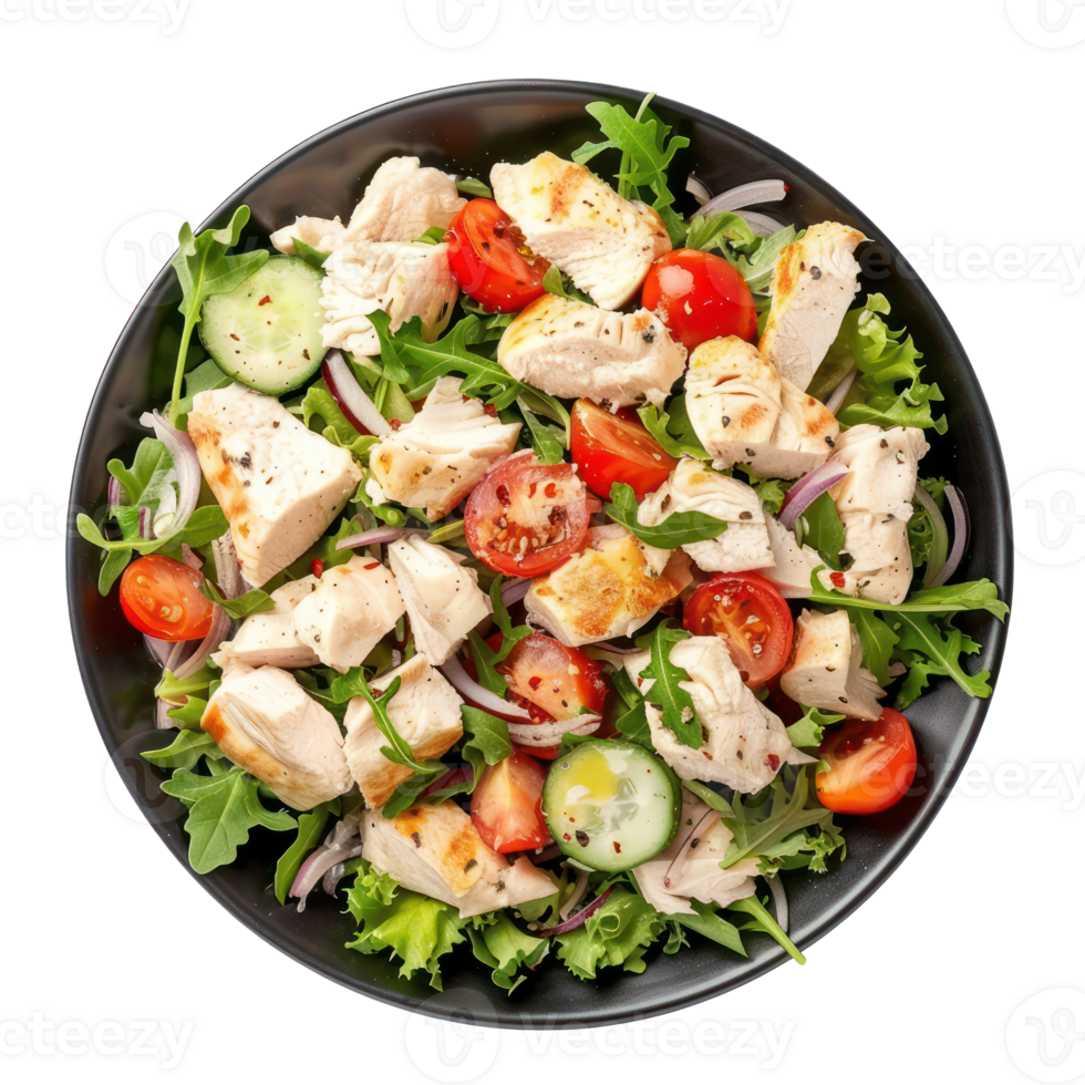 chicken salad with tomatoes, cucumbers and onions in a black bowl png