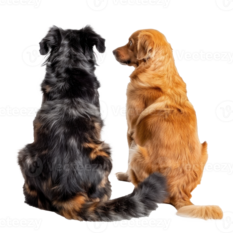 Rear view of cat and dog sitting and looking back at camera isolate on transparent background png
