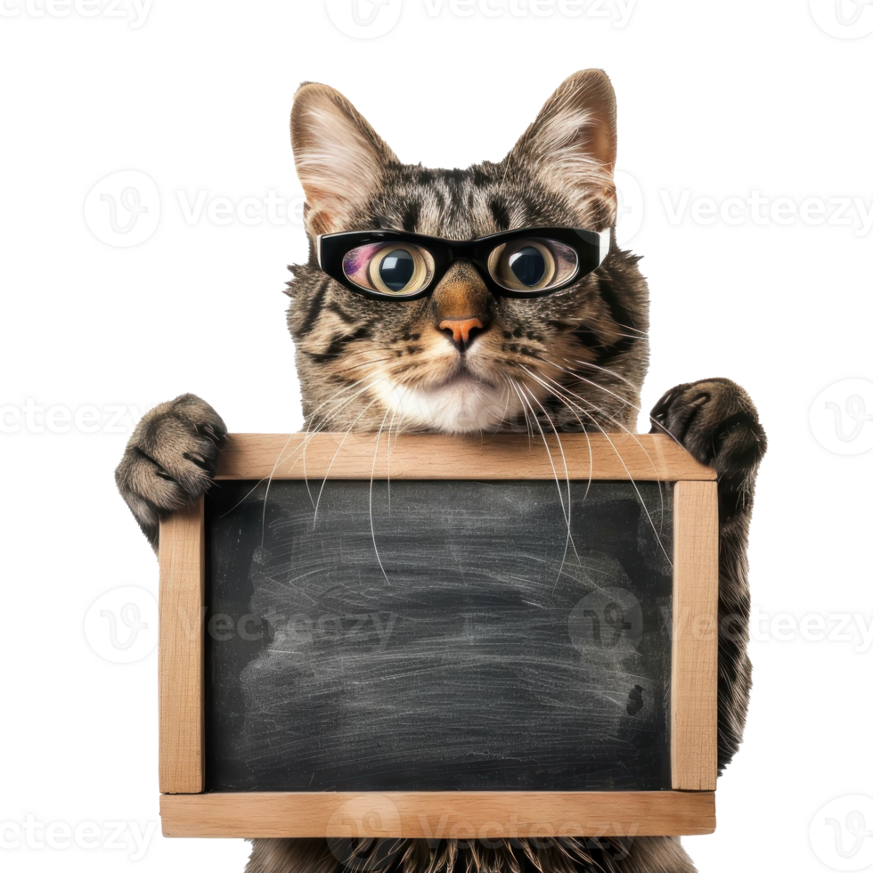 Cat wearing glasses holding chalkboard standing full body isolate on transparent background png