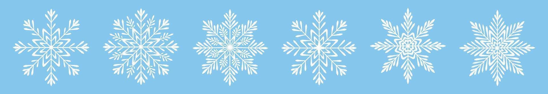 Set of white snowflakes in cartoon style. Flat illustration of beautiful winter, different shapes and sizes of snowflakes, isolated on blue background. Holiday. New Year. Christmas. vector