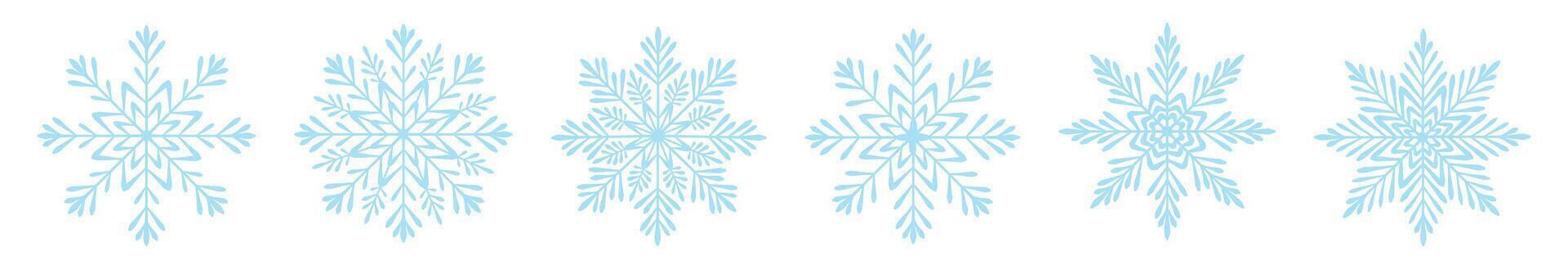 Set of light blue snowflakes in cartoon style. Flat illustration of beautiful winter,different shapes and sizes of snowflakes isolated on white background. Holiday. New Year. Christmas.Winter season. vector