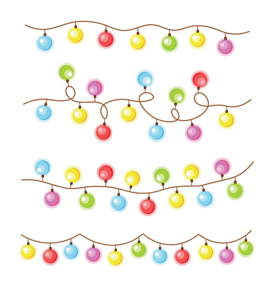 Set of colorful Christmas, festive garlands in a cartoon style. Illustration of bright wire garlands with yellow, blue, purple, green, red, light bulbs isolated on white background. Holiday. vector