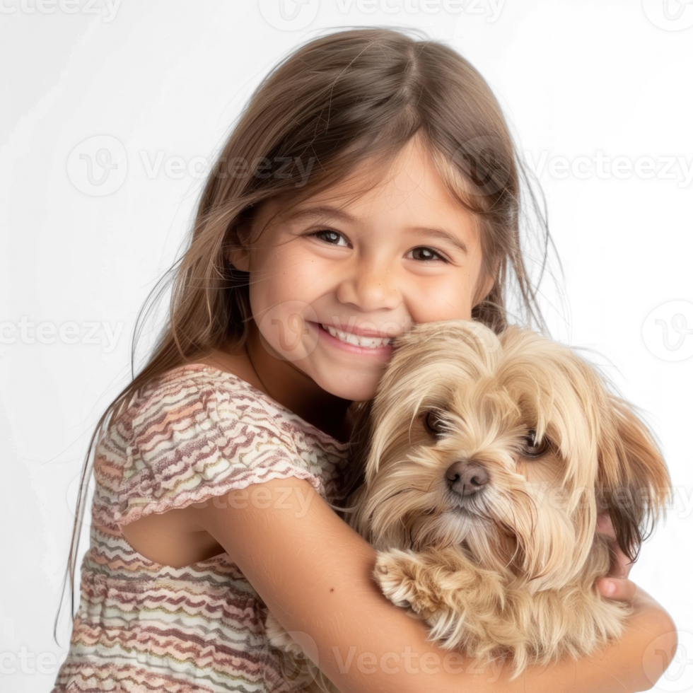 Smiling Little girl holding a Dog full body isolate on transparent background, png