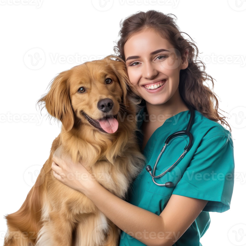 Smiling vet holding a dog isolate on transparent background, png