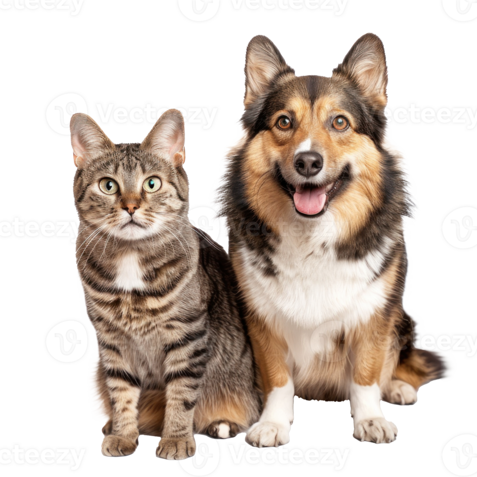 Dog and cat standing together full body isolate on transparent background png
