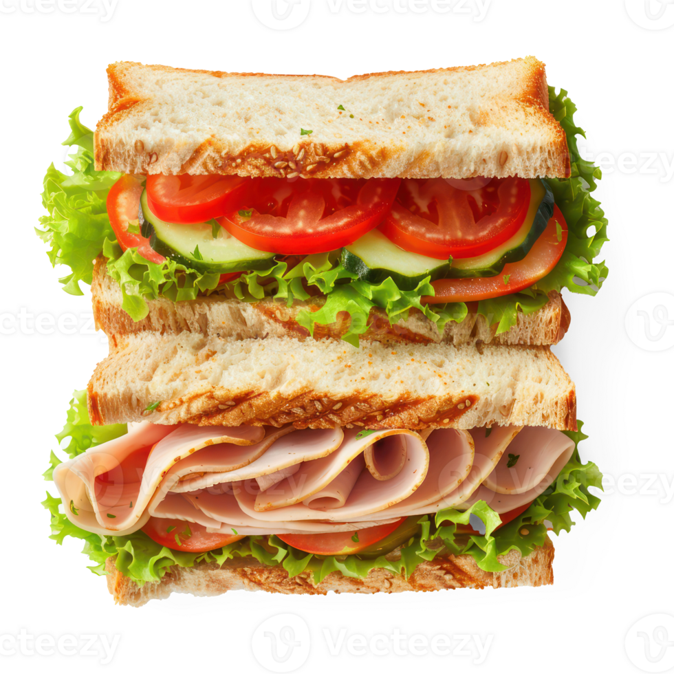 sandwich with ham, lettuce, tomato and cucumber on transparent background png