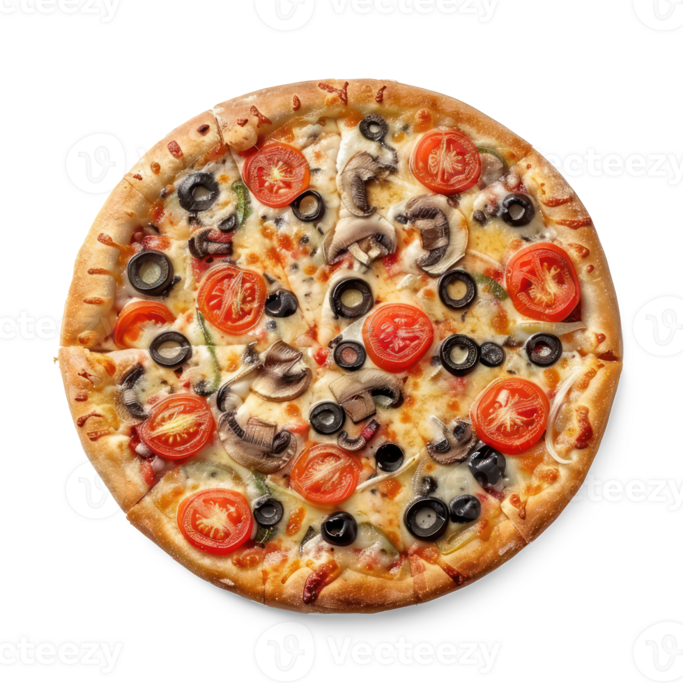 pizza with olives, mushrooms and tomatoes on a transparent background png
