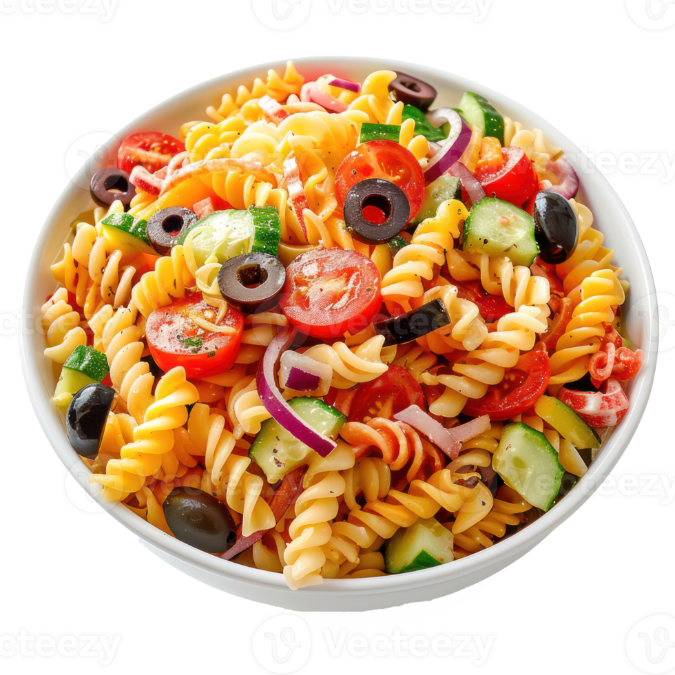 pasta salad with olives tomatoes and cucumbers in a bowl png