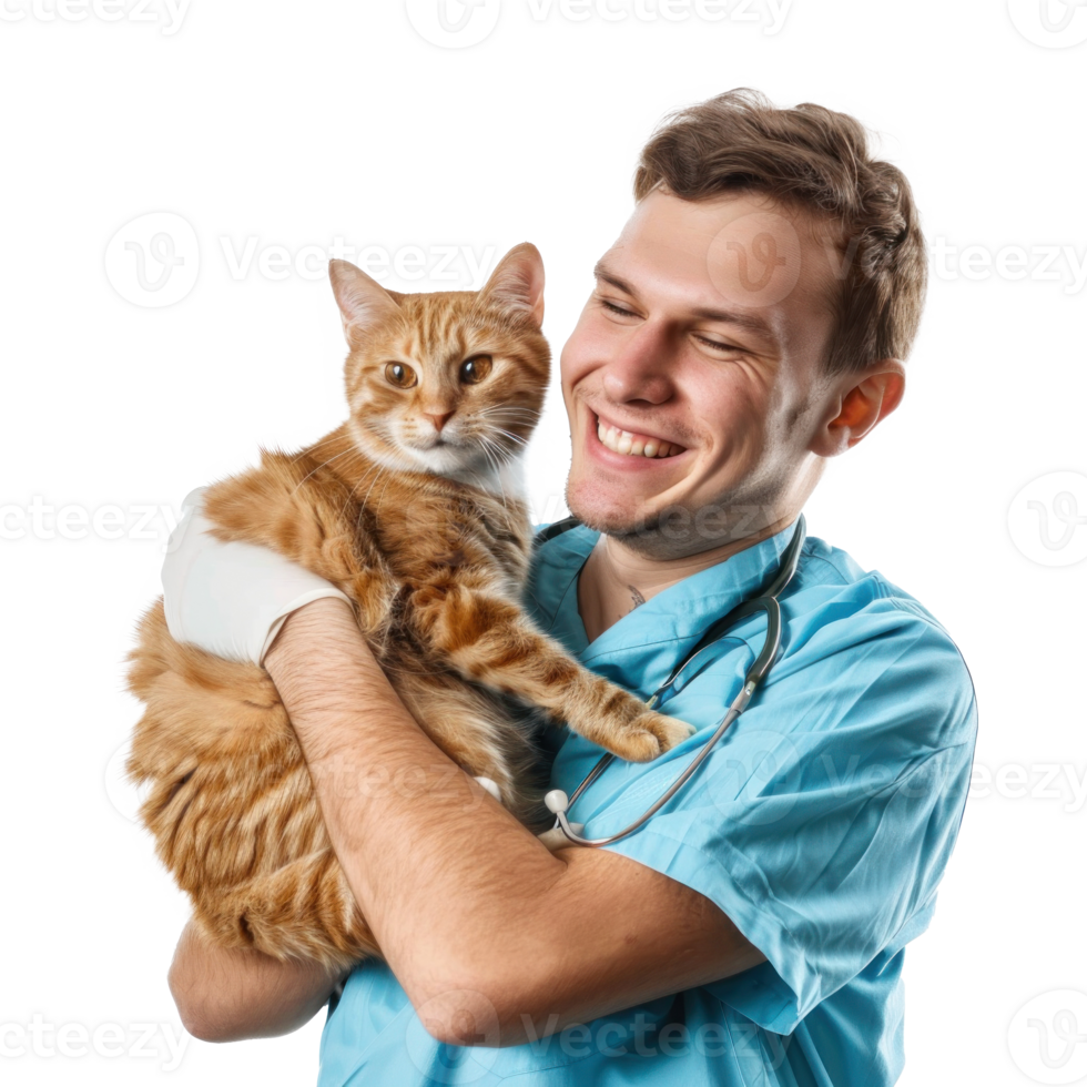 Smiling vet holding a cat isolate on transparent background png