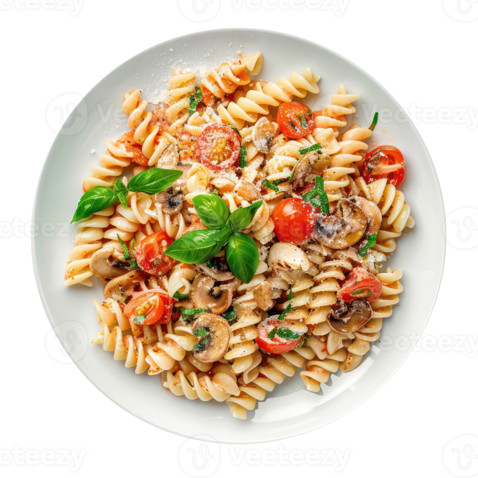 pasta with tomato, basil and cheese on a white plate png