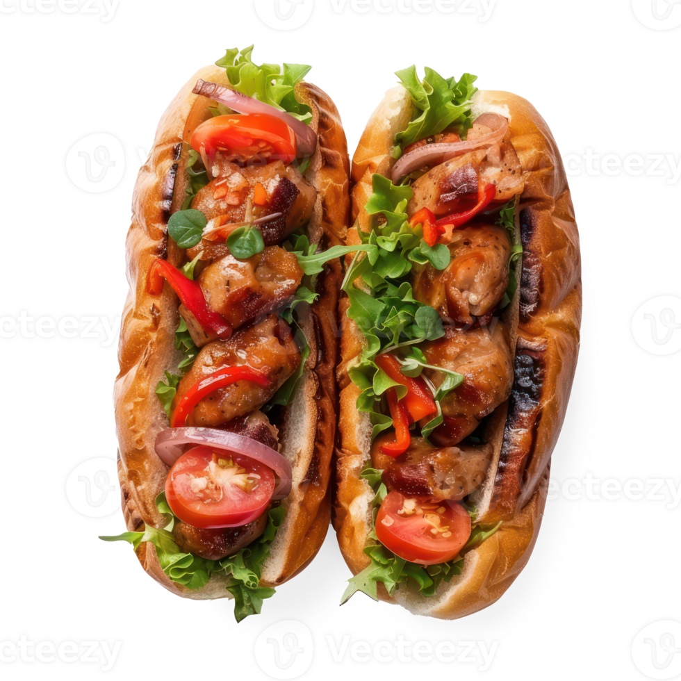 two hot dogs with vegetables and meat on them png