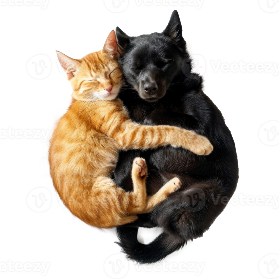 Dog and cat sleeping together full body isolate on transparent background png