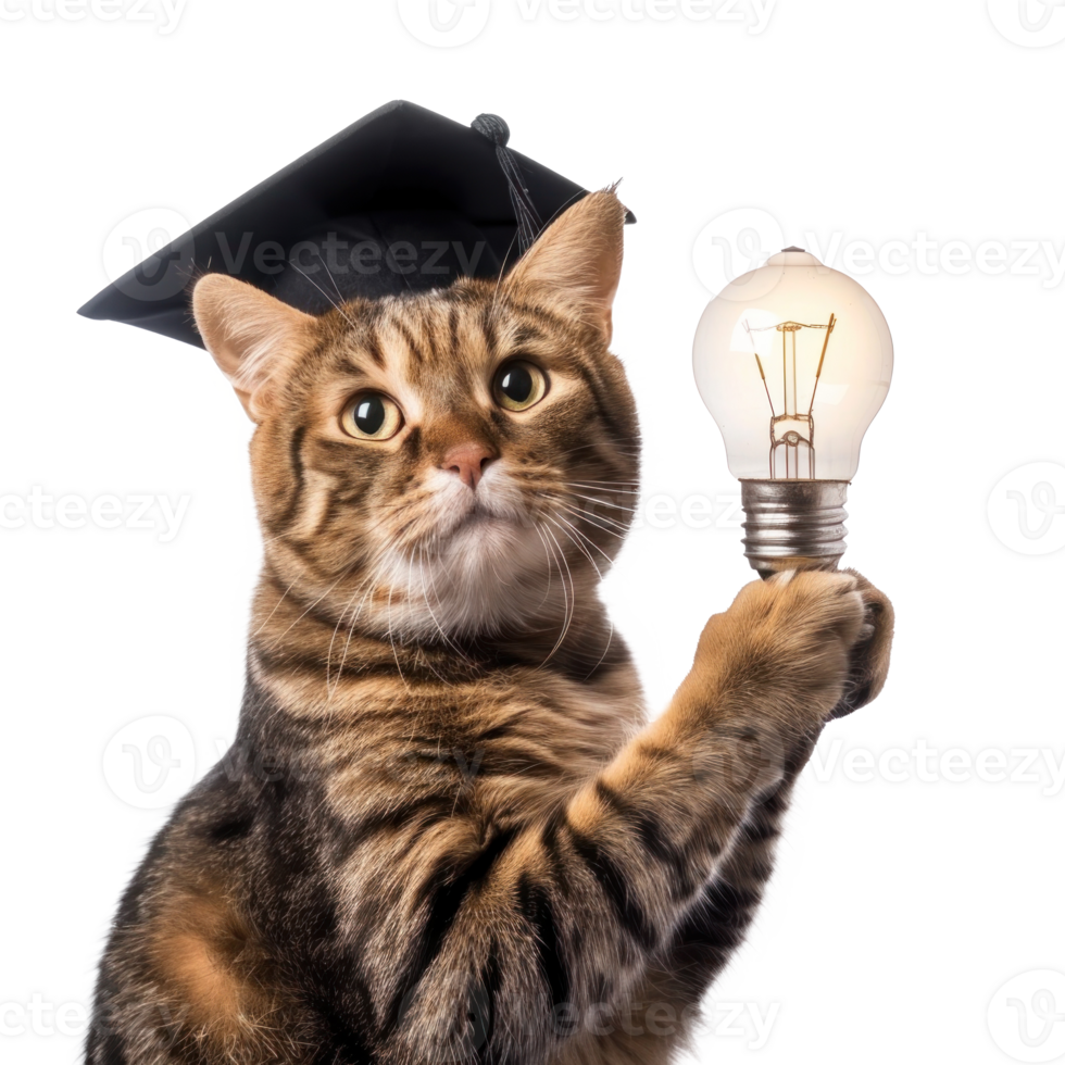 Cat wearing graduate cap and holding light bulb, full body isolate on transparent background png