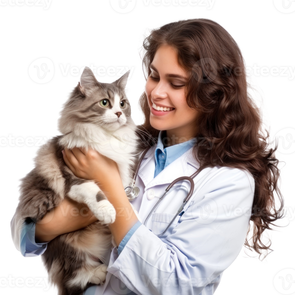 Smiling vet holding a cat isolate on transparent background png