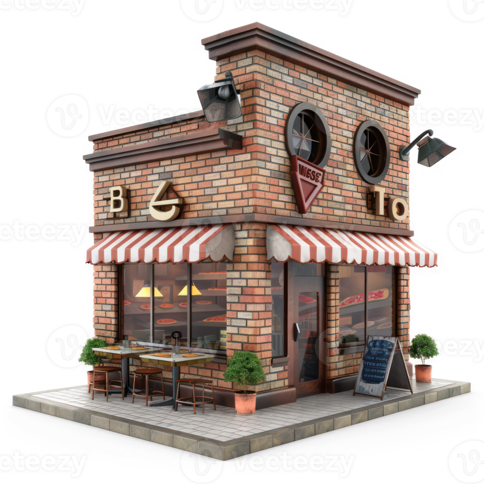 a brick building with a red awning and tables png