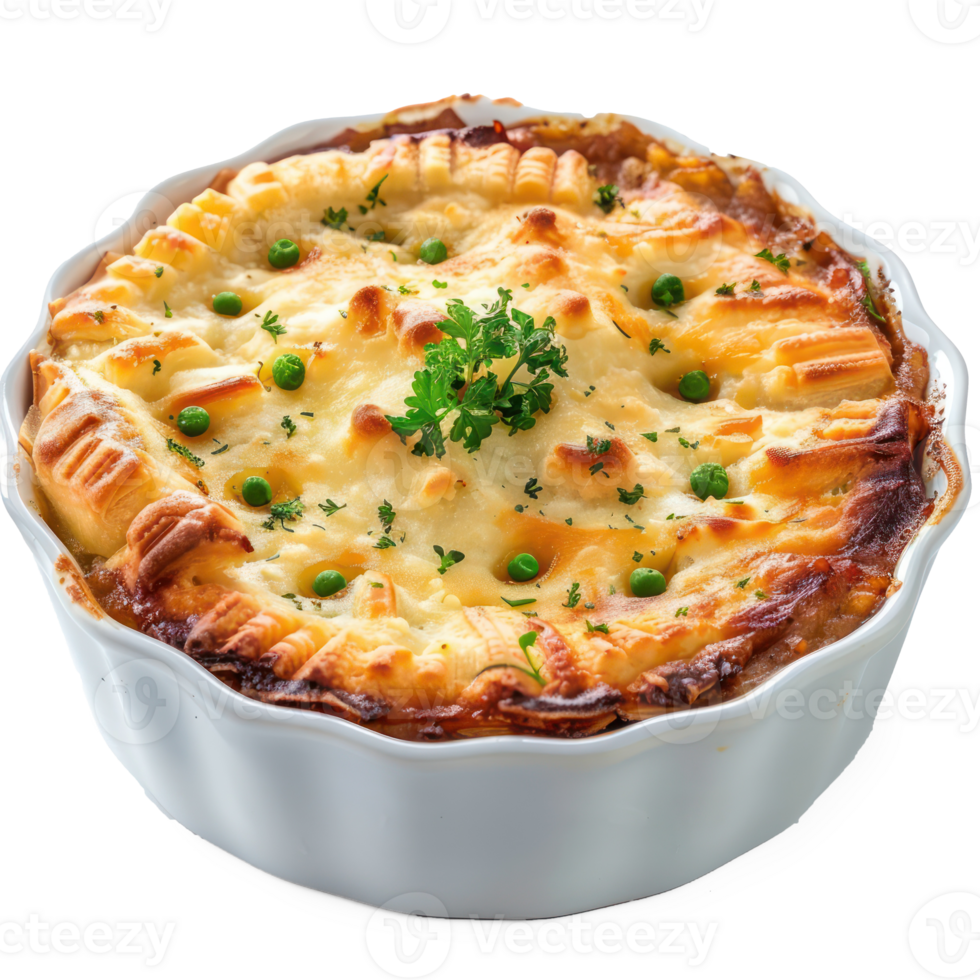 chicken pie in a white dish with parsley on a transparent background png