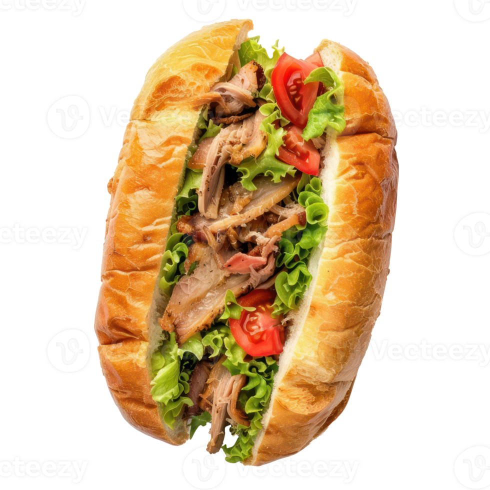 a sandwich with meat and vegetables on a transparent background png