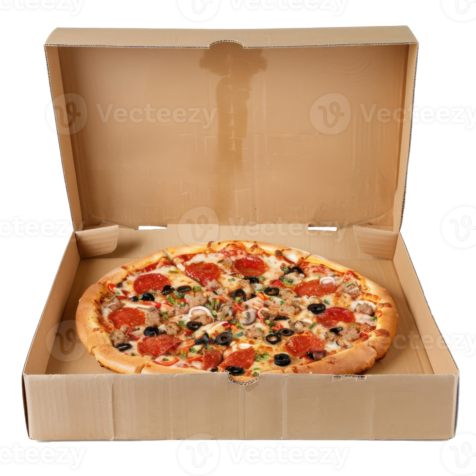 a pizza in a cardboard box on a transparent background png
