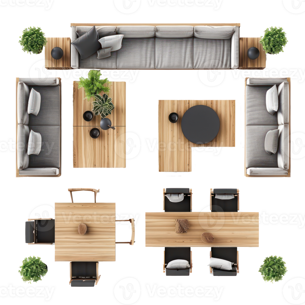 modern living room 3d top view full length isolate on transparent background, png