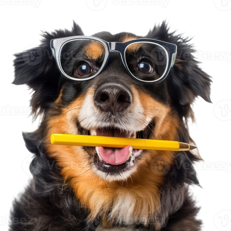 Dog wearing glasses with pen in his mouth isolate on transparent background png