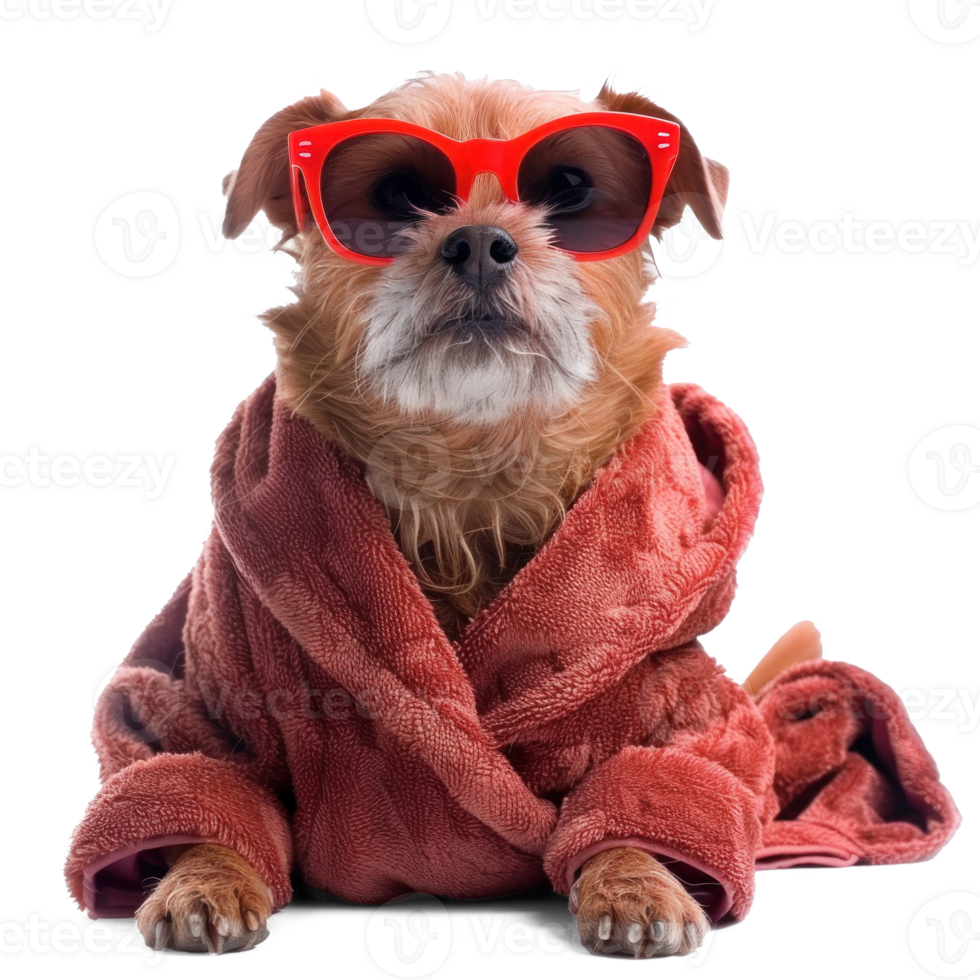 Dog relax and wearing a bathrobe and funny sunglasses isolate on transparent background png