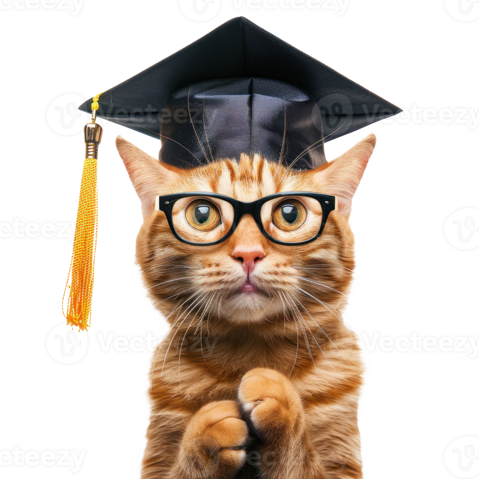 cat wearing glasses and graduate cap, full body standing isolate on transparent background png