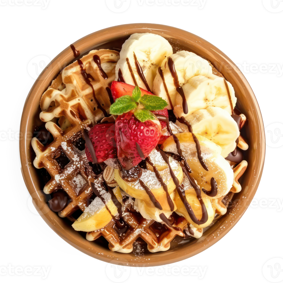 waffles with chocolate sauce and bananas on a plate png