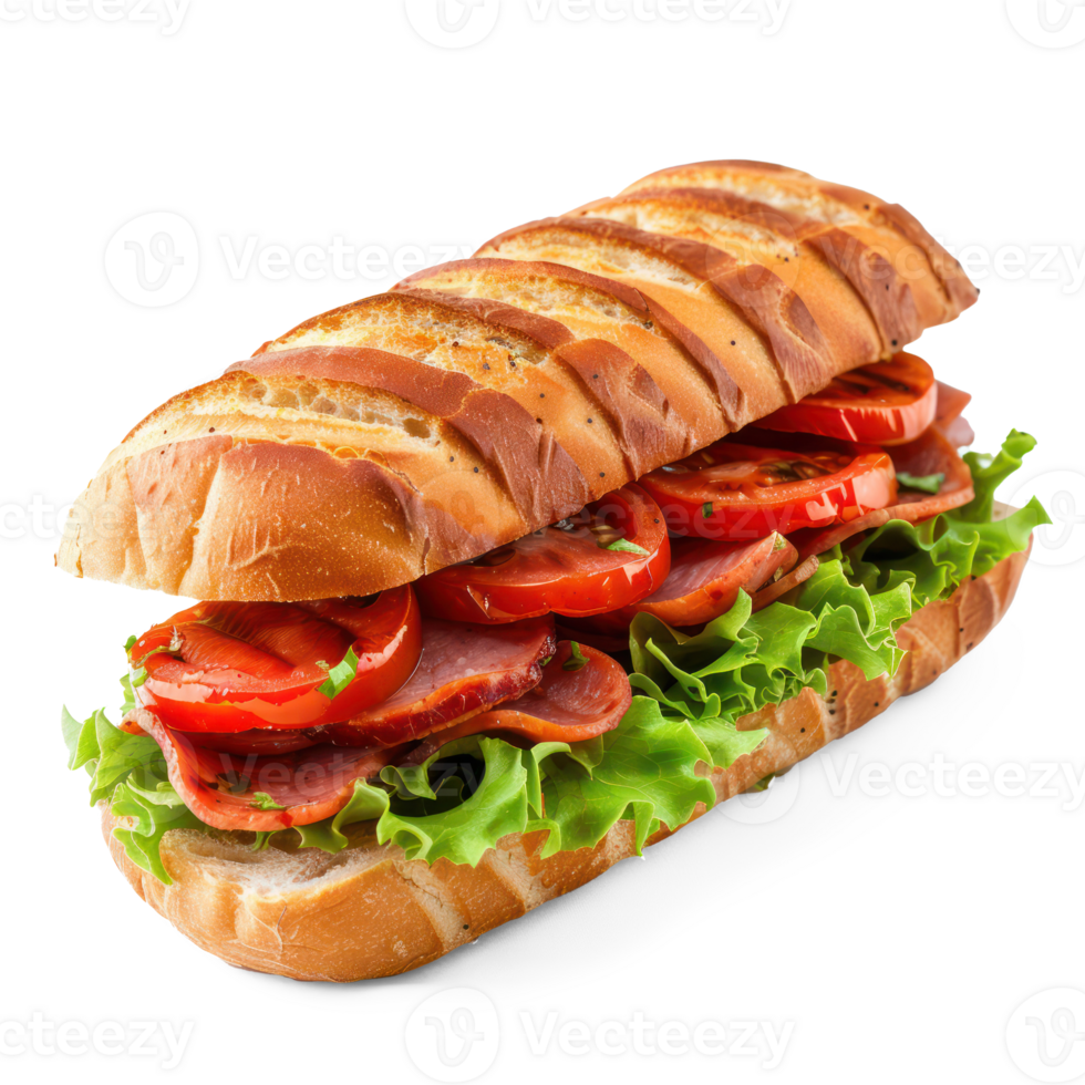 a sub sandwich with lettuce, tomatoes and bacon png