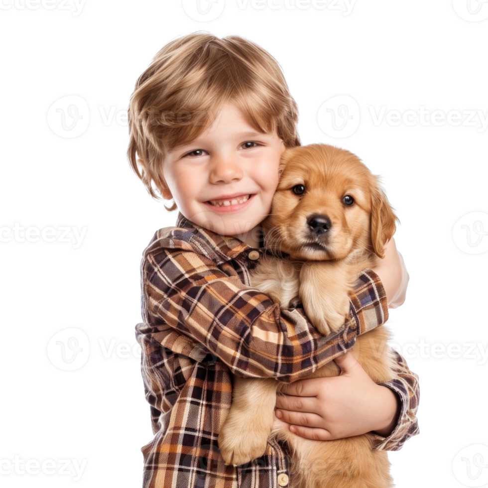 Smiling Little boy holding a Dog full body isolate on transparent background png