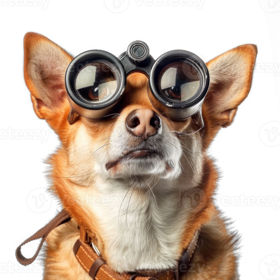 Dog holding Binoculars searching looking observing isolate on transparent background png