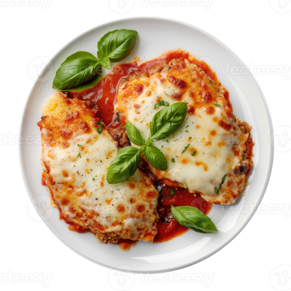 chicken parmesan bake with basil png