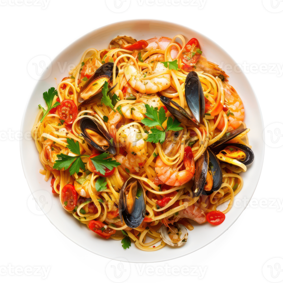 spaghetti with seafood and vegetables on a white plate png